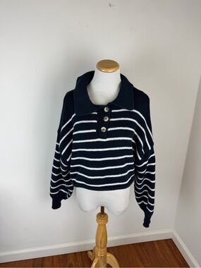 Zara Striped Crop collared Sweater polo size L Navy White
